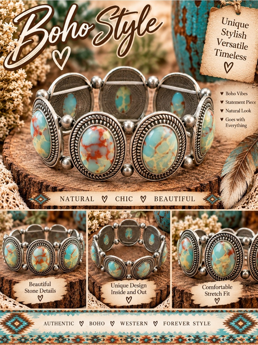 Boho Turquoise Stone Stretch Bracelet with Silver Accents